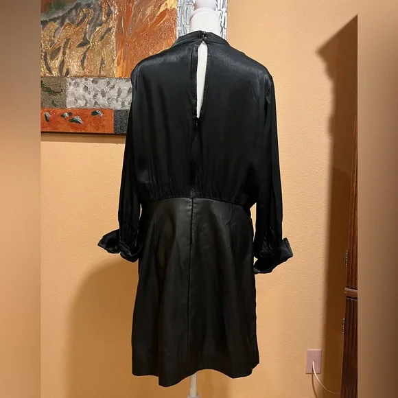 Maeve Anthropologie Black Satin and Vegan Leather Mini Dress. Cowl neck. Size 16 - Picture 8 of 16
